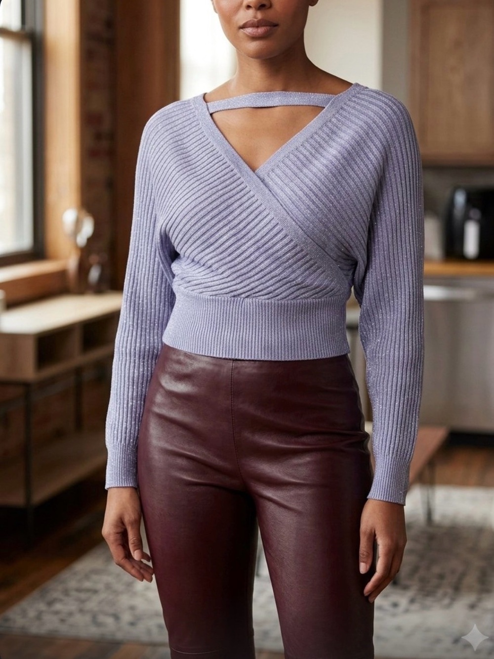 Windsor Lavender Ribbed V-Neck Wrap Sweater with Strap